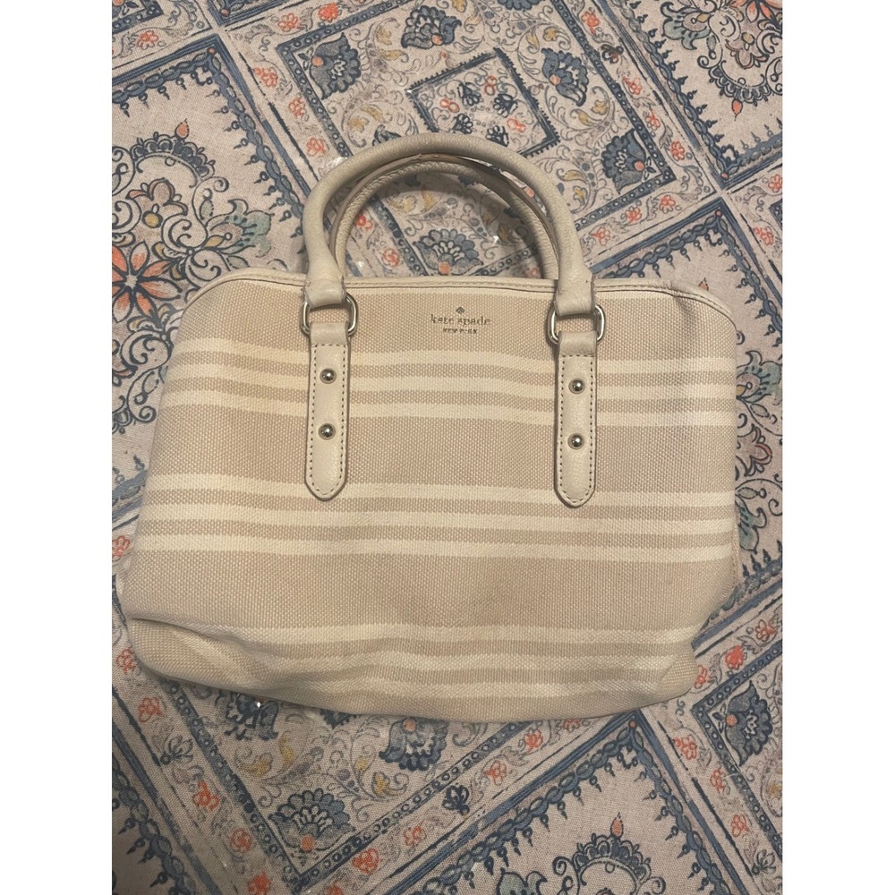 Kate Spade New York Striped Canvas Leather Satchel Handbag Cream Beige